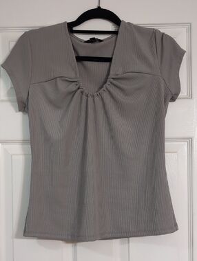 Banana Republic Light Gray Ruched V-Neck Short Sleeve Top